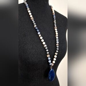 Long Beaded Statement Necklace Blue Stone Pendant Boho Chic Neutral Tones